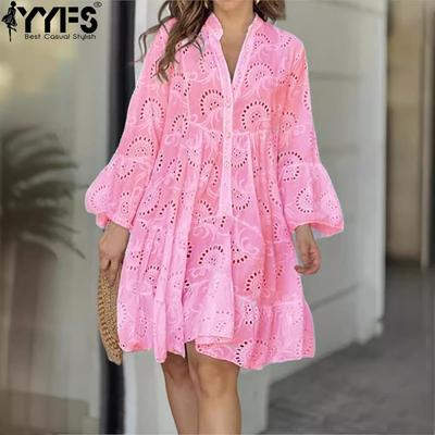 Женская мода весна осень однотонный принт рукава 3/4 воротник-стойка свободная талия повседневные платья