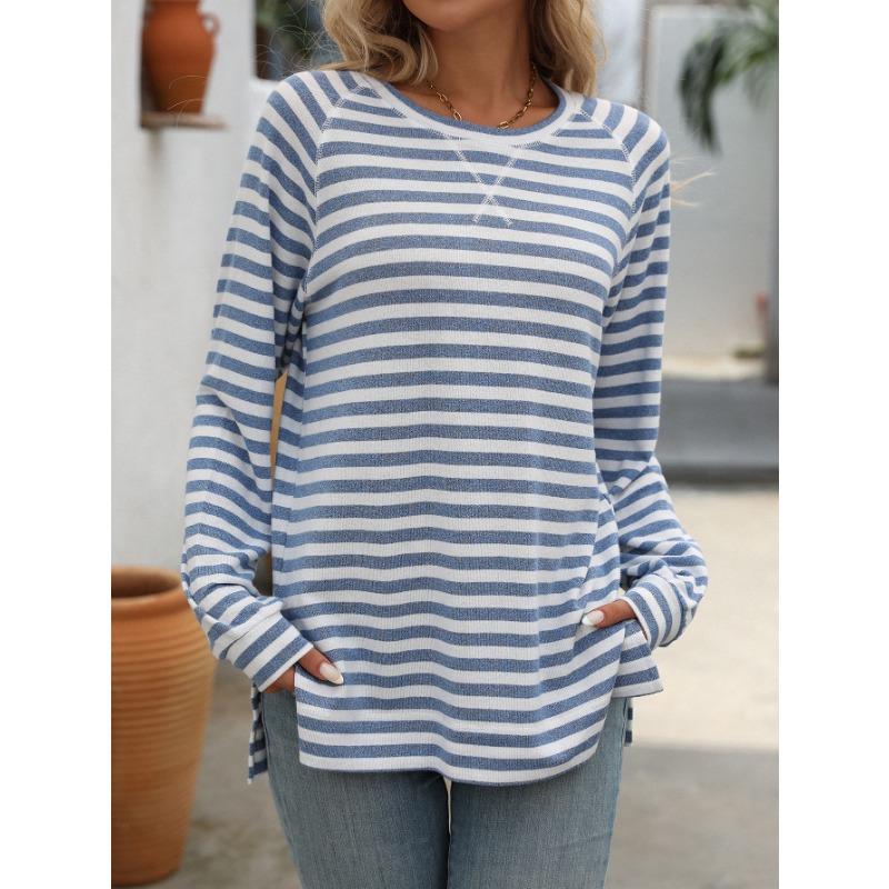 Autumn and Winter Women's Striped Color Collision Round Neck Long Sleeve Loose Top