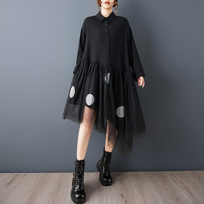Платье-рубашка с длинным рукавом, большого размера, черное, из хлопковой сетки в винтажный горошек, новое, для женщин, повседневное, свободное, весеннее, осеннее