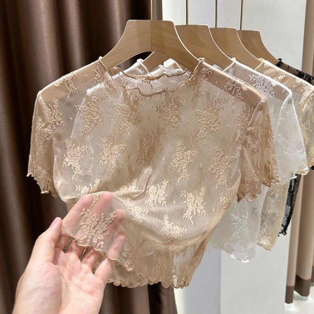 Nylon Sheer Mesh Blouse Short Sleeve Hollow Out Layering Tee Cool Sling Dress Cover Up  Women