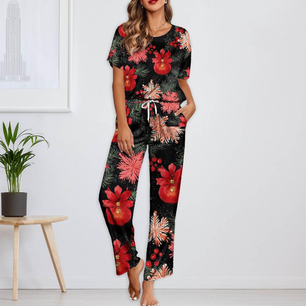 Женский шелковый атласный пижамный комплект с рождественским принтом, рубашка с коротким рукавом и длинные пижамные штаны, мягкая домашняя одежда