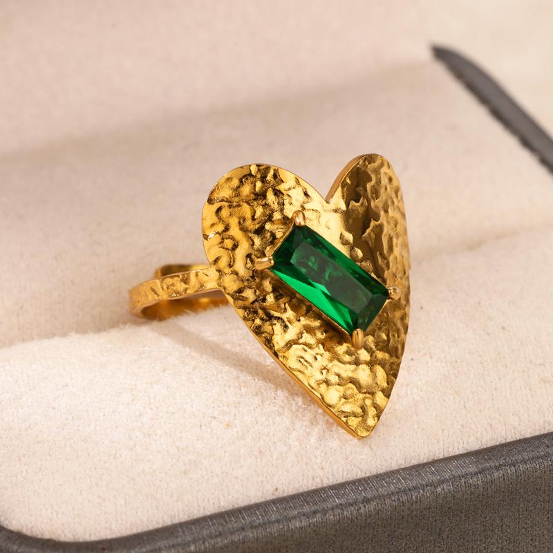 Винтажные кольца с зеленым кристаллом циркона в форме сердца для женщин, золотистого цвета, из нержавеющей стали, открытое кольцо, модное, эстетичное, циркониевый свадебный подарок