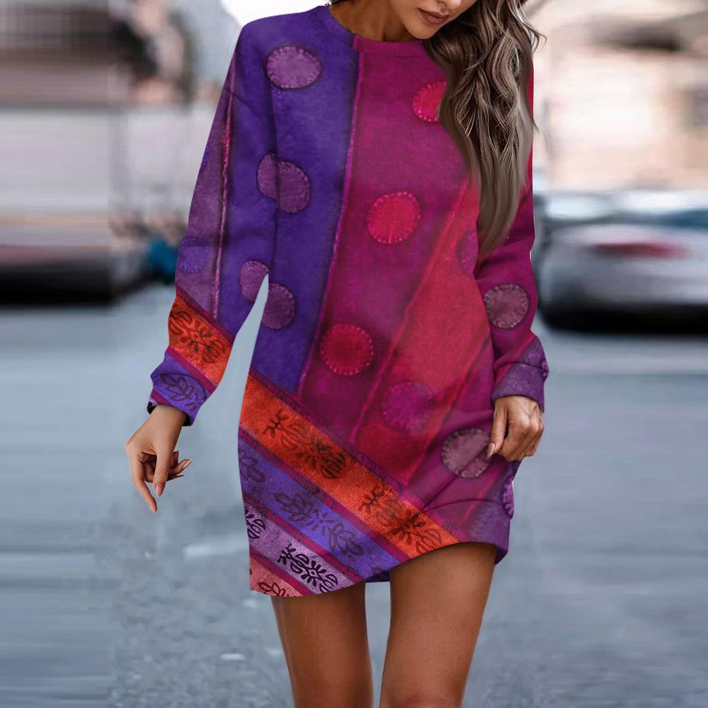 Женское платье с круглым вырезом в стиле ретро и цветочным принтом, с длинными рукавами и ягодицами, завернутое в ванную комнату