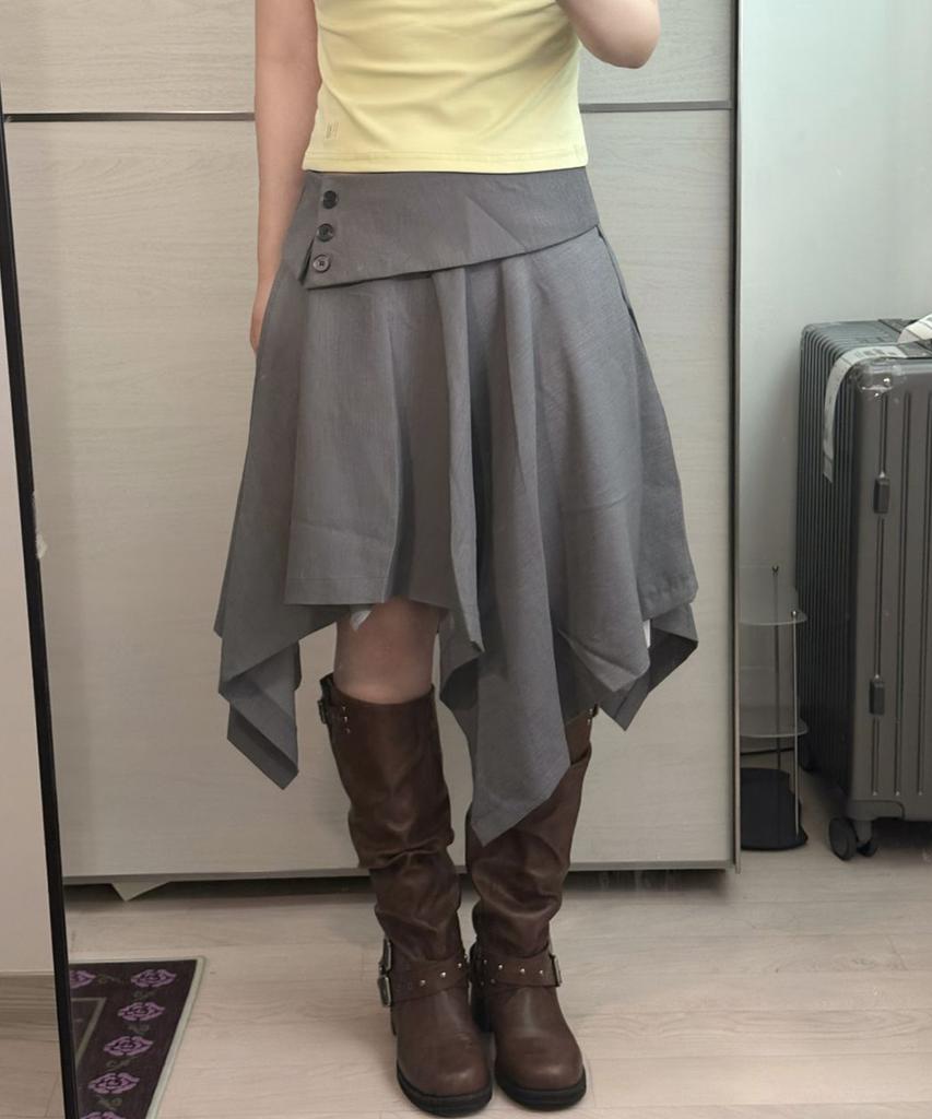 Place Studio Double Button Drape Layered Midi Asymmetrical Flare Skirt _2 Colors