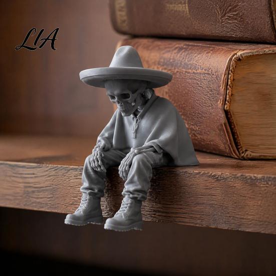 Spooky Aesthetic Office Ornaments 3D Printed Sitting Skeleton Shelf Sitter Figurine, Gothic Hat Desktop Cool Skull Art for Men Ornament, Trendy