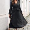 Cross V-neck Lantern Long Sleeve Waist Strap A-Line Autumn Dress Simple Pure Color