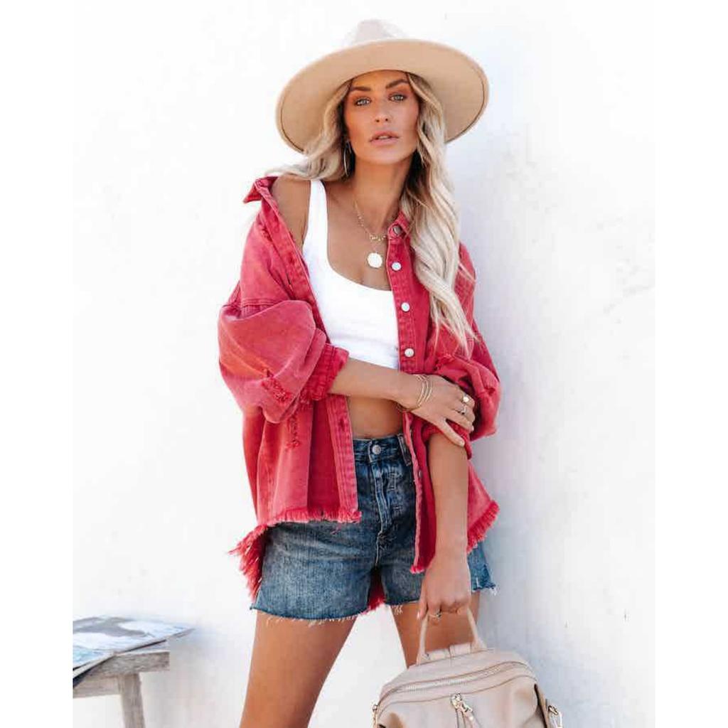 Lapel Long Sleeve Vintage Street Ripped Raw Edge Denim Jacket Women's