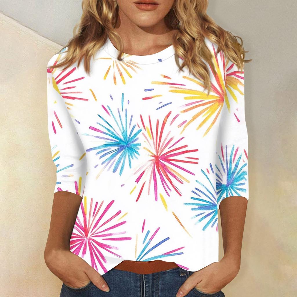 Женская мода повседневная новогодняя принтованная круглая горловина с рукавом три четверти топ Новый год 2025