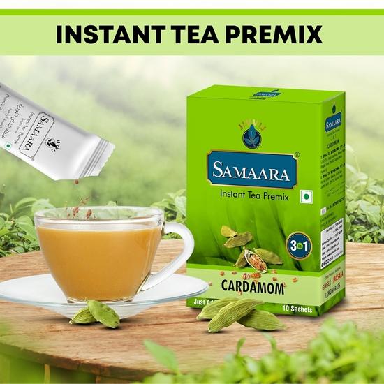 Samaara Instant Tea Premix Sachets | Cardamom Elaichi Flavoured Assam Black Tea Powder | 30 Sachets Box 450gm