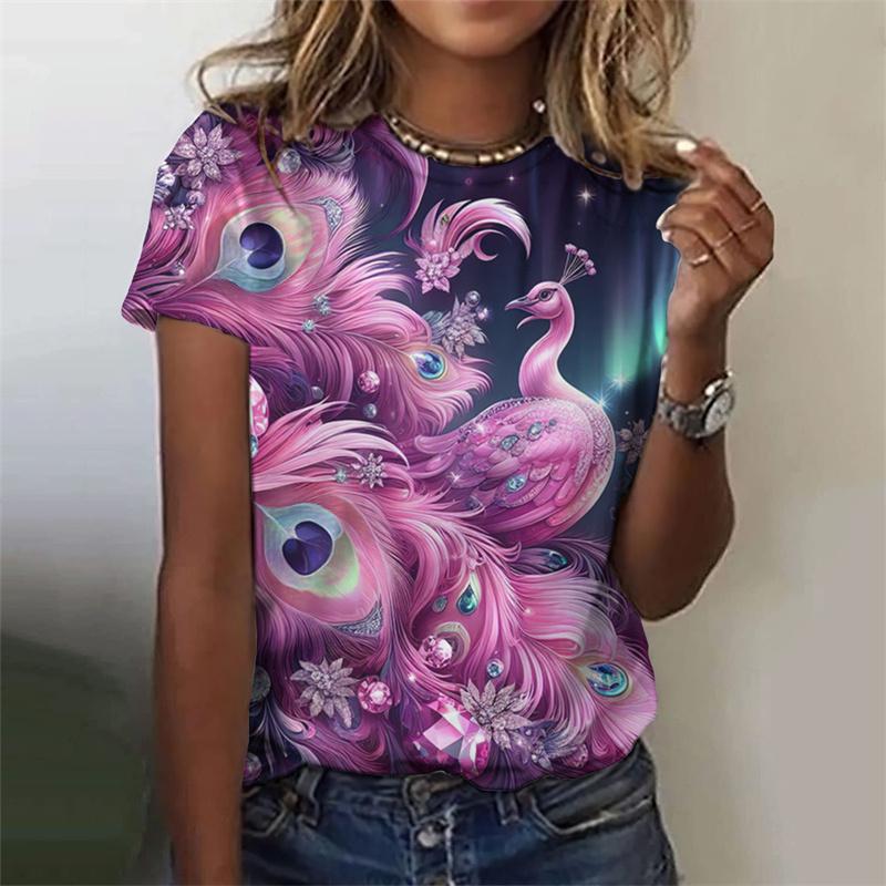 Красивая футболка с узором павлина для женщин, цветочные футболки с 3D-принтом, модные свободные футболки с короткими рукавами и круглым вырезом