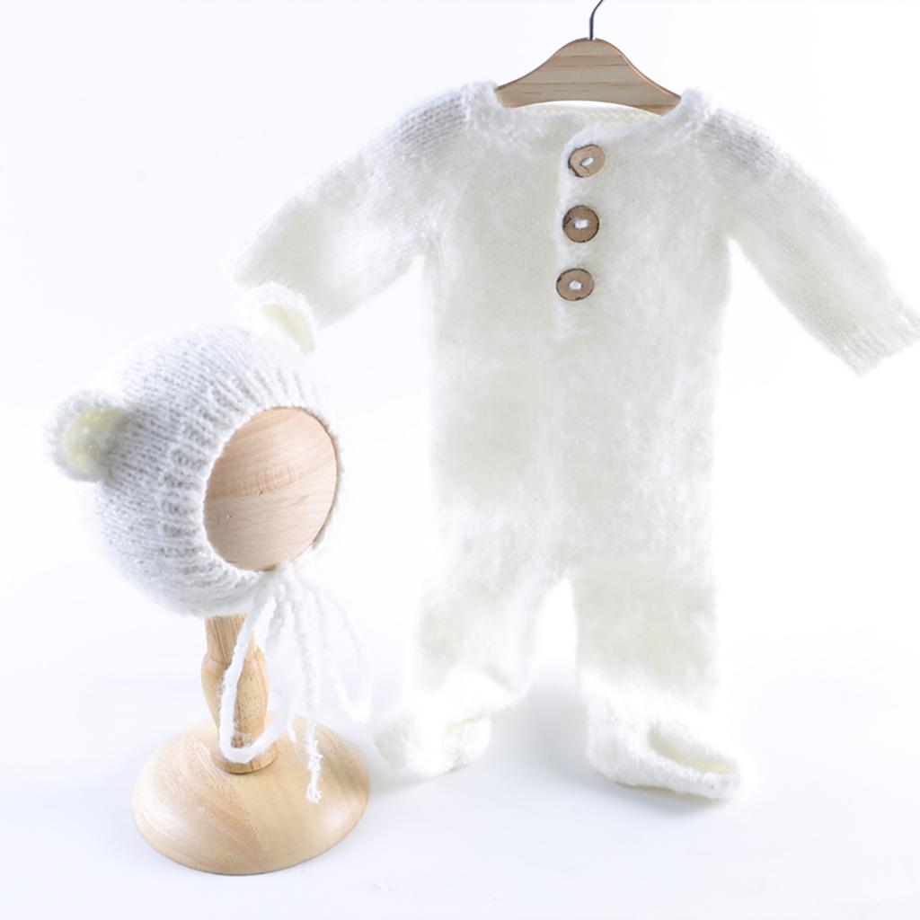 Ivory White Christmas Teddy Bear Hat Footed Romper Set Knitted Mohair Animal Beanie Newborn Photography Outfit Costume Onesie