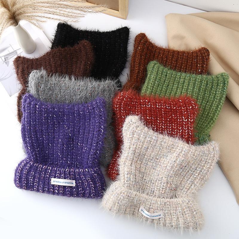 Autumn and winter warm plush knitted hat cute cat ears cover versatile cold hat showing face small wool hat woman