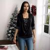 Women Velvet Tops Swing Collar Long Sleeve Drawstring Hem Shirring Pullover Tops Solid Color Sequins Stitching Blouse