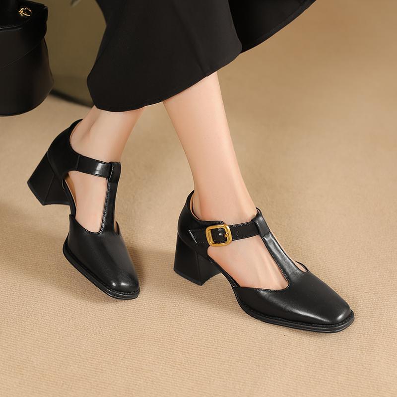 2024 Новые женские туфли-лодочки из натуральной кожи с Т-образным ремешком на толстом высоком каблуке, модные туфли с круглым носком, элегантные туфли-лодочки для офиса, женские туфли на каблуке