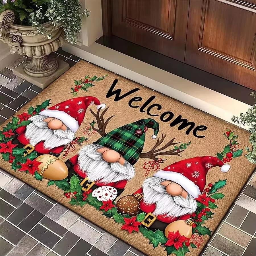 Christmas Gnome Print Doormat Black Festive Door Mat Floor for Kitchen Living Room Bedroom Bathroom Holiday for Halloween Decor
