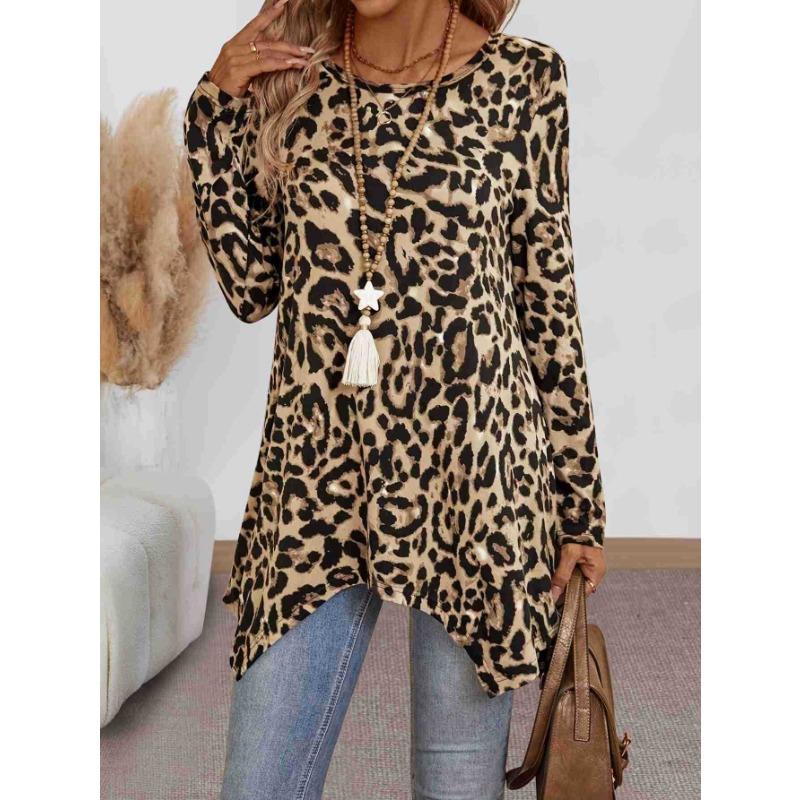 Long Sleeve Loose Fit Round Neck Leopard Print Asymmetrical Hem T Shirt