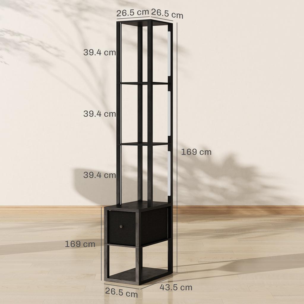 Floor Lamp with Shelves, LED Column Modern Standing Lamp with Fabric Drawer, Adjustable Brightness, Foot Switch for Living Room, Bedroom, Office