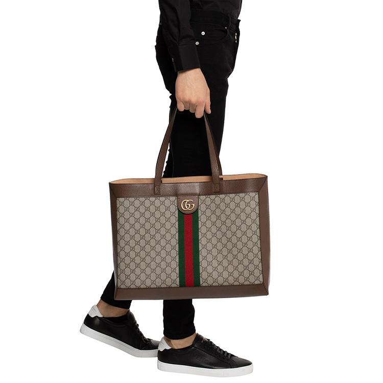 GUCCI GG Supreme Canvas With Leather Tote Bag, Shopping Bag, Shoulder Bag, Handbag Unisex Ebony/Brown
