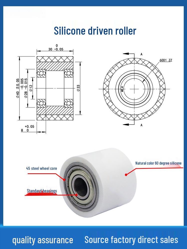 60° Soft Silicone Roller with Double Bearing: High-Temp Resistant Shock Absorbing Rubber Coated Wheel