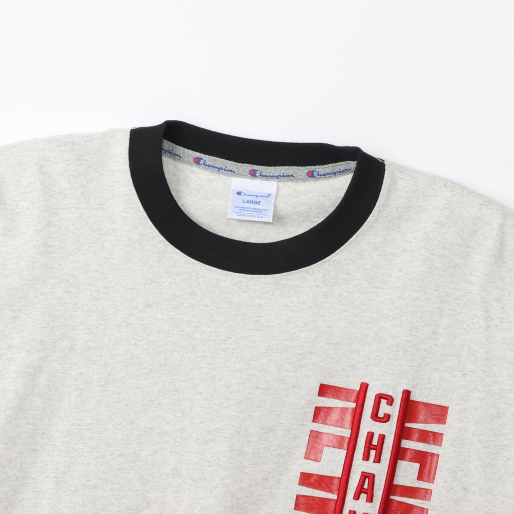 Футболка с длинным рукавом и круглым вырезом из хлопка, США, RelaxFit, вышитый логотип, резиновый принт, длинный рукав, в стиле экшн, овсянка [Champion], 100%