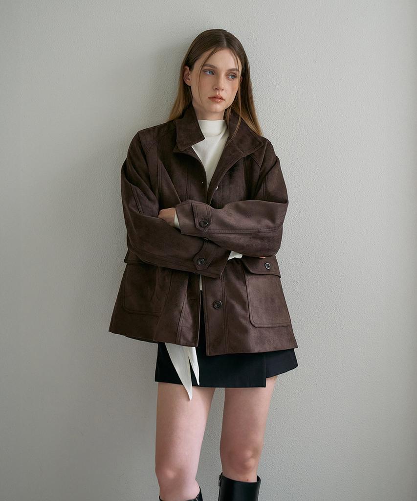 DEHEVE Suede High-Neck Half Jacket [Cocoa Brown]