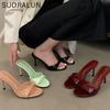 Fashion SUOJIALUN 2025 Summer New Brand Women Slipper Fashion Open Toe Slip On Slides Ladies Elegant Thin High Heel Dress Pumps Slides
