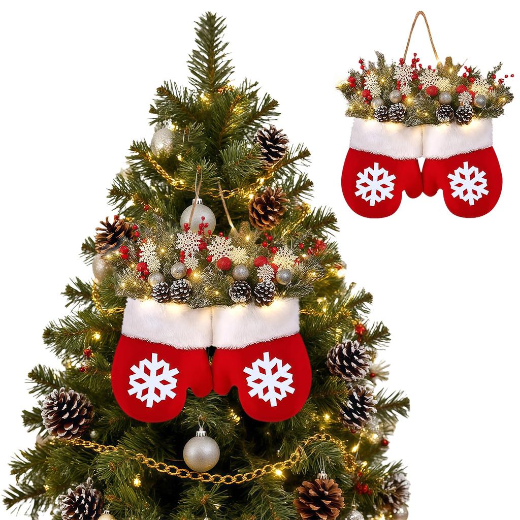 Twinkling Christmas Mitten Wreath Artificial Lights Garland Decorations LED Pre-Lit Berries Pine Branches Hanging Ornament