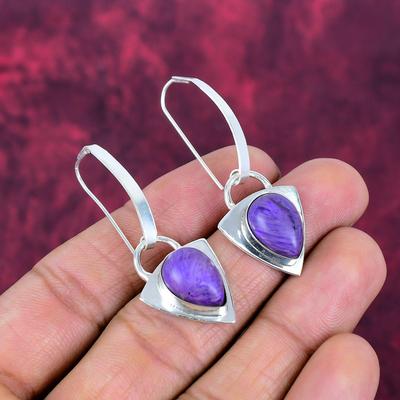 Серьги из чистого серебра 925 пробы с чароитом, серьги с драгоценными камнями ручной работы, подарки жене, абсолютно новые серьги