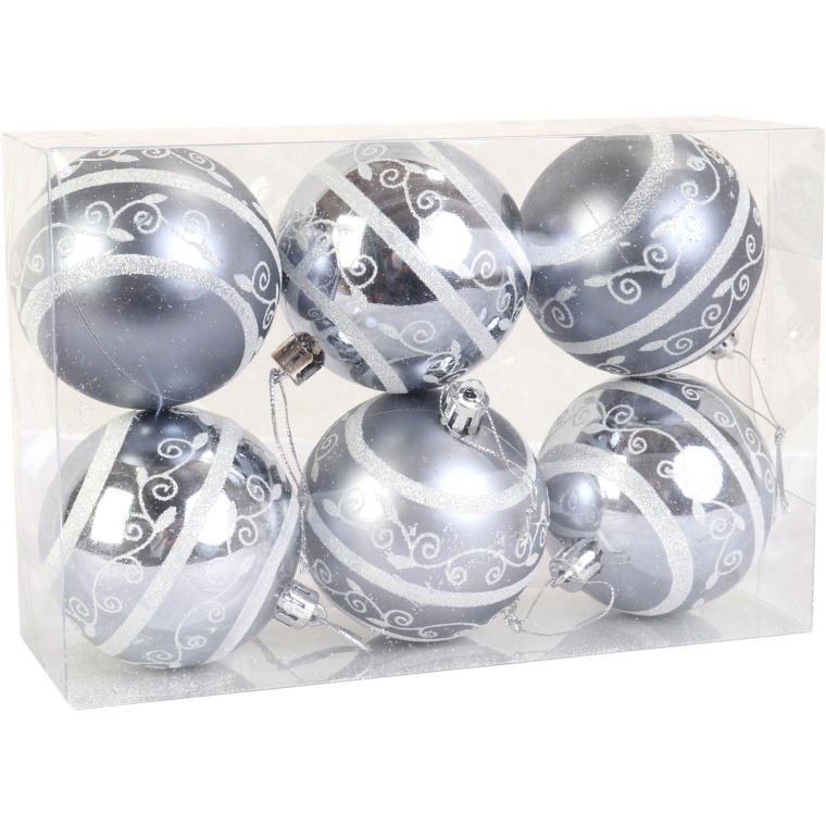 Set of 6 Shatterproof Decorative Baubles 6cm - Three Glitter with Shine and Three Matte - Silver