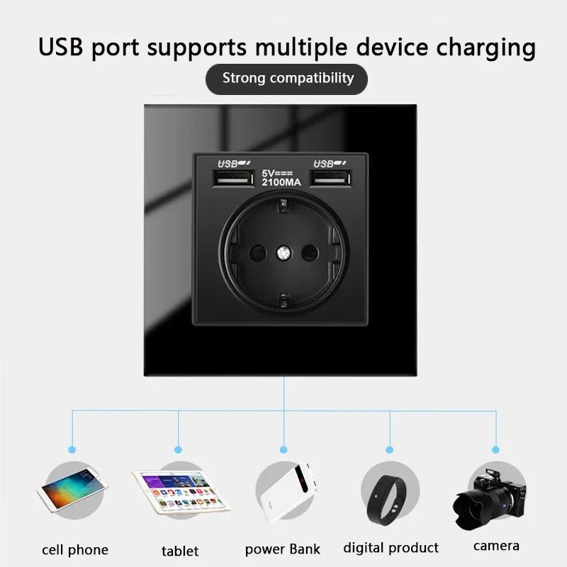 Настенная двойная розетка USB DepoGuye 2.1A, розетка для спальни, настенная розетка 16A, панель ПК, стандартная розетка Испании, России и ЕС