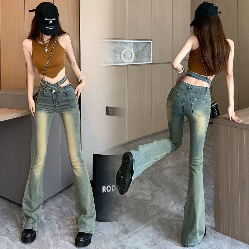 Women's Retro High-Waist Flared Jeans: Autumn/Winter Slim Fit Horseshoe Pants