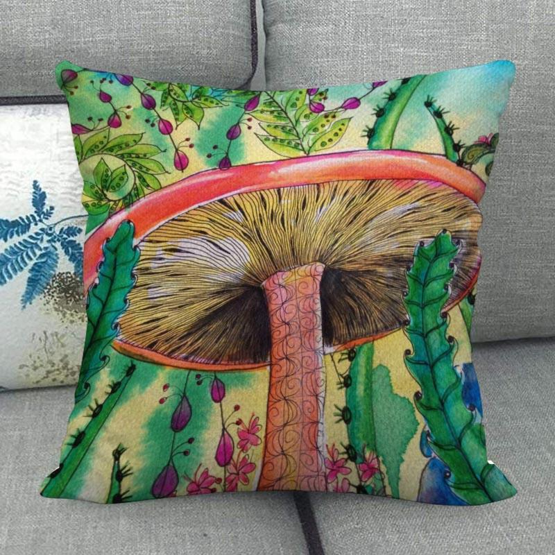 45X45см Наволочка с грибным артом Квадратная на молнии Хлопково-льняные наволочки Спальня Дом Офис Декоративная наволочка WJY12.25