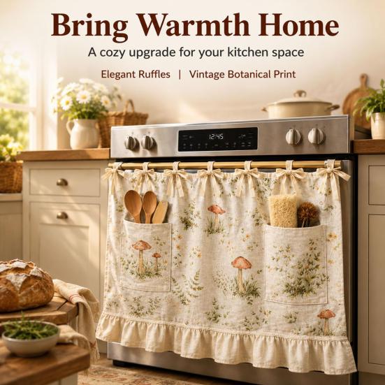 Functional Window Dressing Oven Curtain with Pockets, Dustproof Durable Polyester Hanging Drape, Dust Proof Kitchen Drapes Easy Wash Decorative Shade