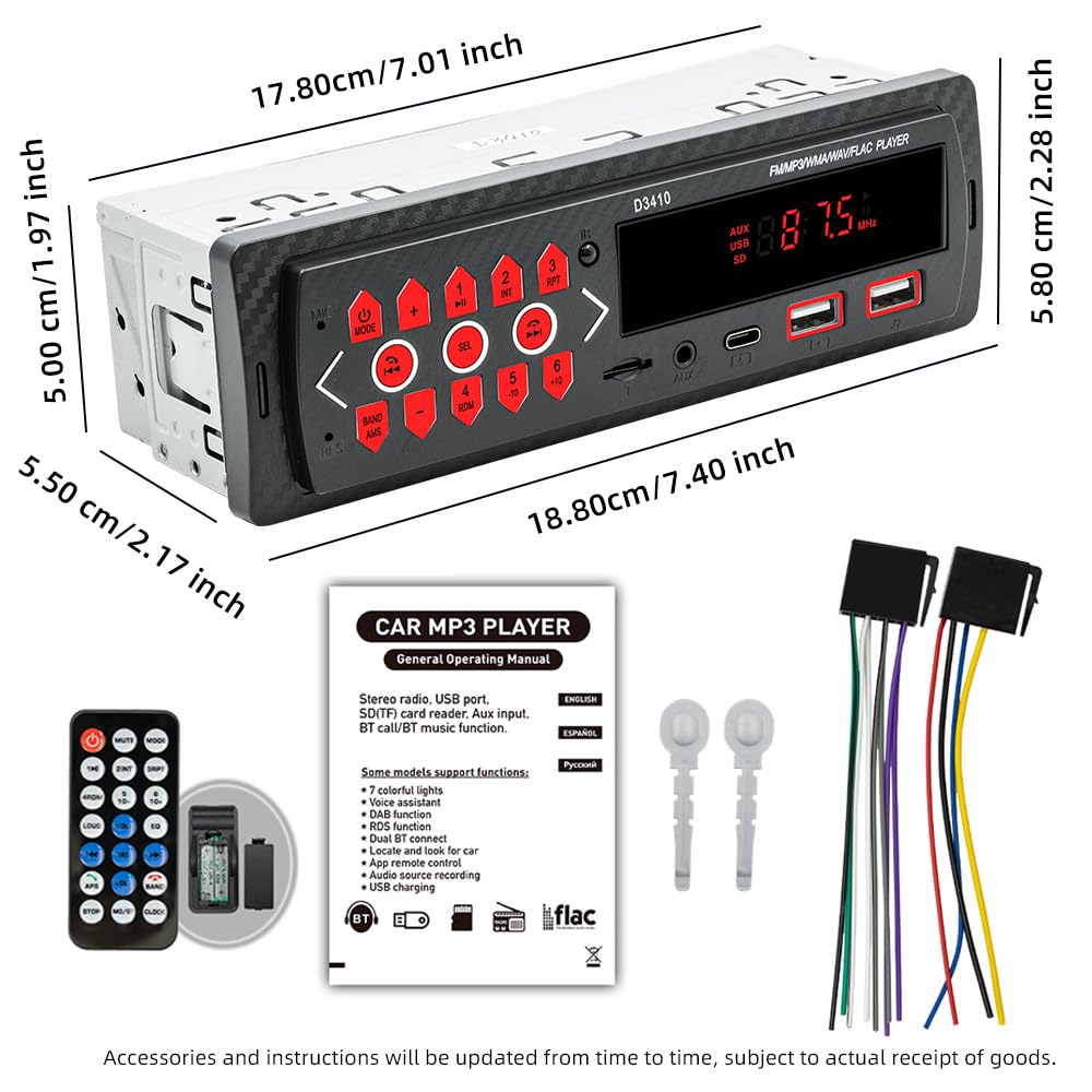 1Din автомобильный стерео 12V автомобильный MP3-плеер Bluetooth FM защита проводки Bluetooth автомобильный радиоприемник, 2USB/AUX/TF/Type-C громкой связи