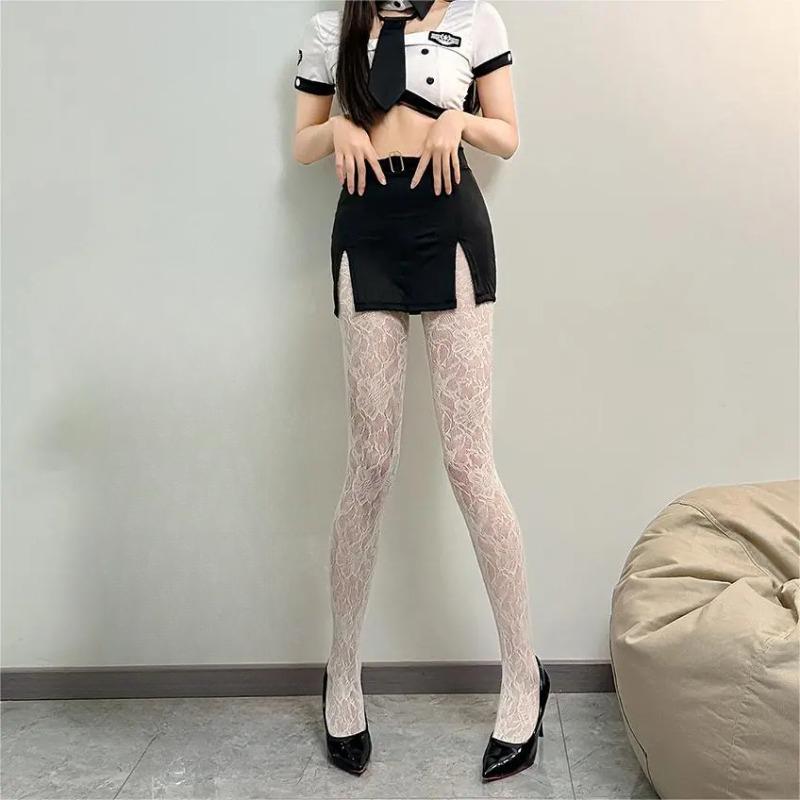 Flower Fishnet Stockings Thin Hollowed-out Lace Tights Red Black Blue Pink White Pantyhose