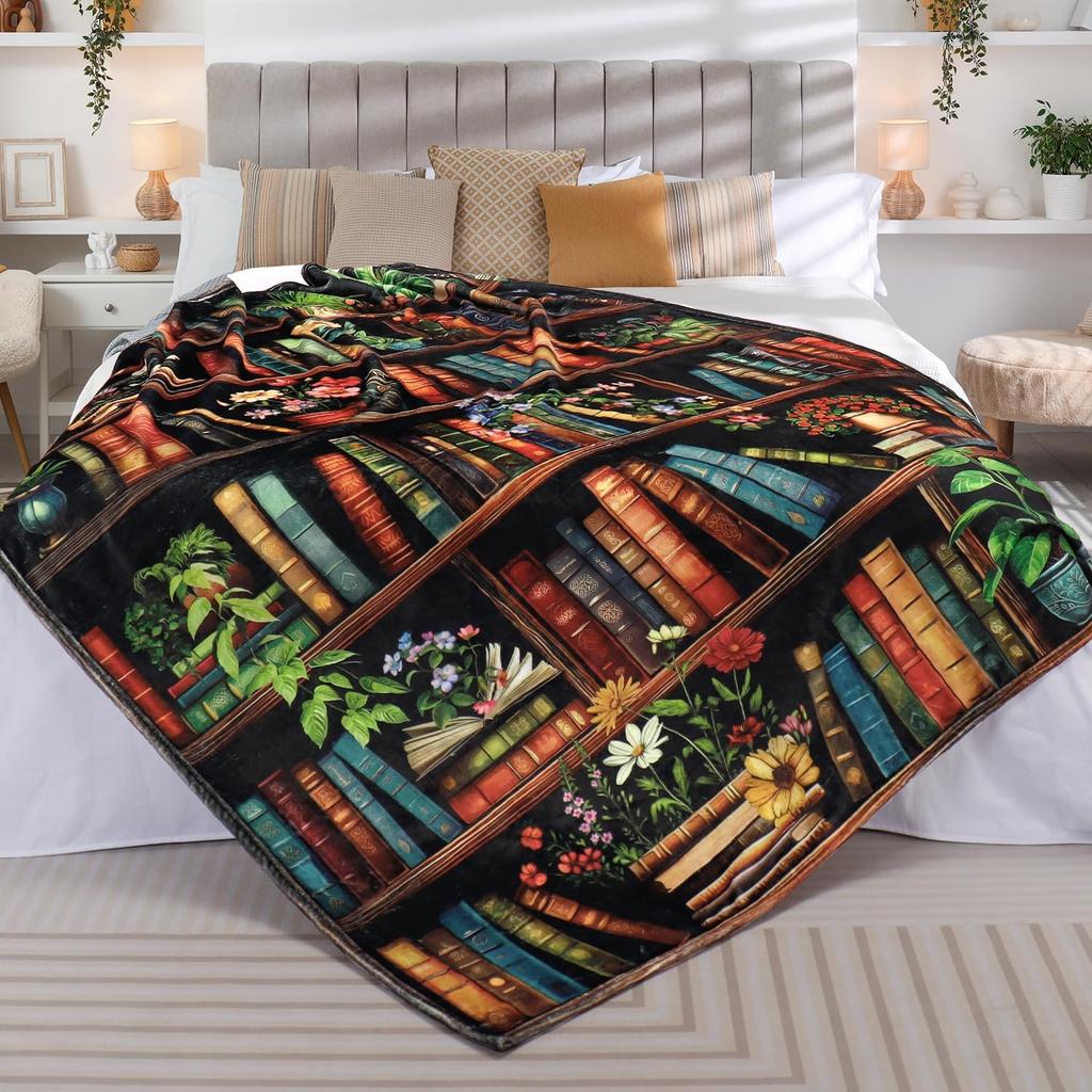 Antique Bookshelf Botanical Blooming Flower Vintage Book Print Flannel Blanket Cozy Soft Throw for Couch Travel Study Room Home
