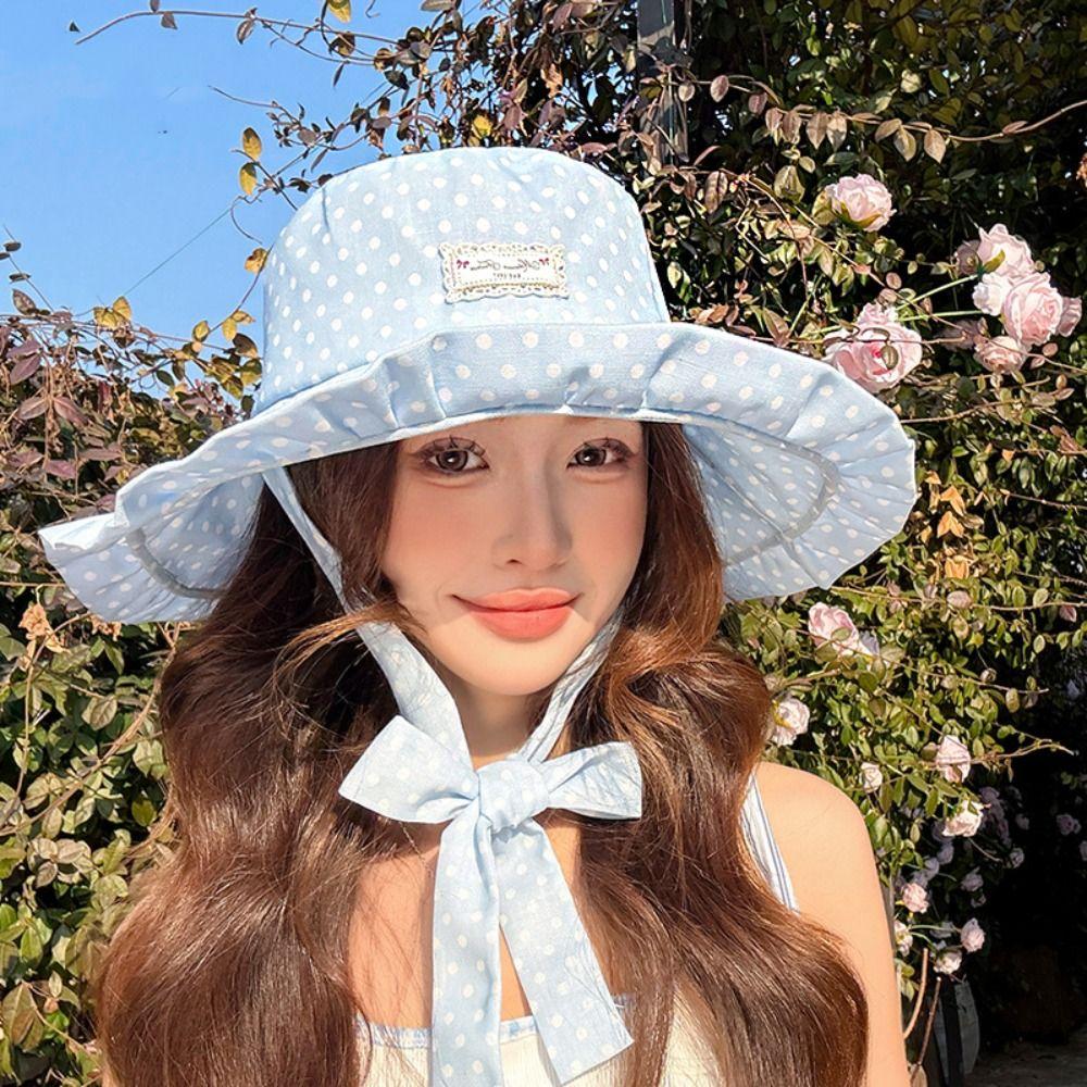 Ribbon Women Fisherman Hat Polka Dot Sunshade Hat Fashion Sunscreen Visor Cap Ladies
