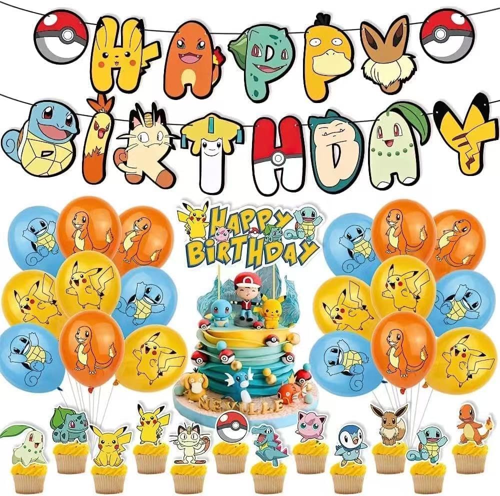 Classic Pokémon Theme Party Decoration Set - Features popular characters 18 themed balloons + 13 cake toppers 1 decorative flat ribbon. Instantly