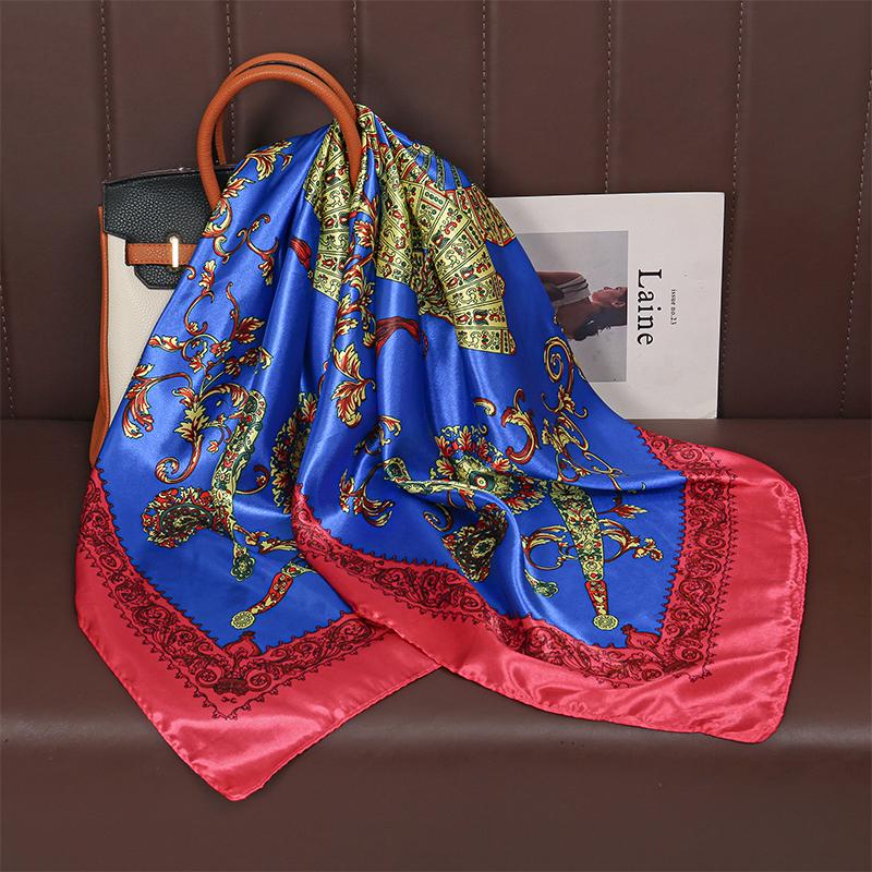 Satin Square Scarf Women Muslim Hijab Elegant  Print Silk Neckerchief Shawl Wraps Headband Handle Hair Accessories Bandana