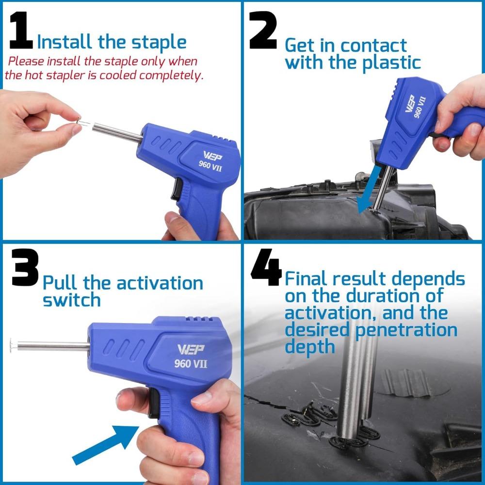 WEP 960-VII Plastic Welder Kit 110V with Ergonomic Grip and LED lights with 350 Hot Staples and Pliers for Car Bumper Plastic We