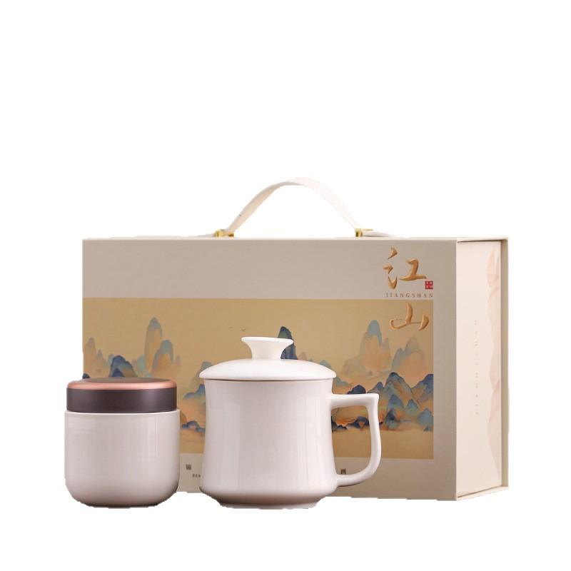 Suet jade porcelain complete set of kung fu tea set meeting guests simple Chinese household ceramic cover bowl teapot office cup