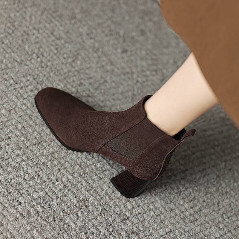 Krazing Pot Cow Suede Winter Round Toe Thick High Heels Modern Boots Women Slip On Office Lady Big Size 42 Ankle Boots