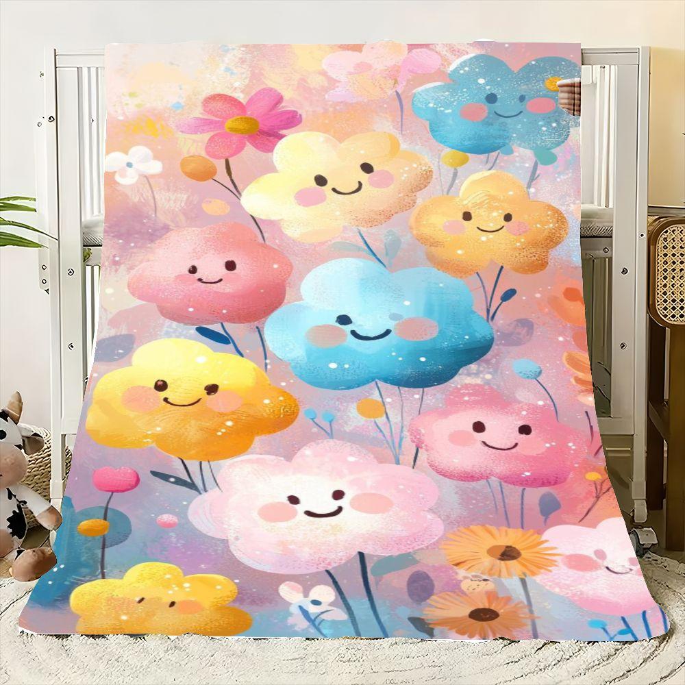 Причудливый цветочный плед - Радостные улыбающиеся цветы в пастельных тонах, Мягкий и уютный плед для домашнего декора - Идеально подходит для ребенка