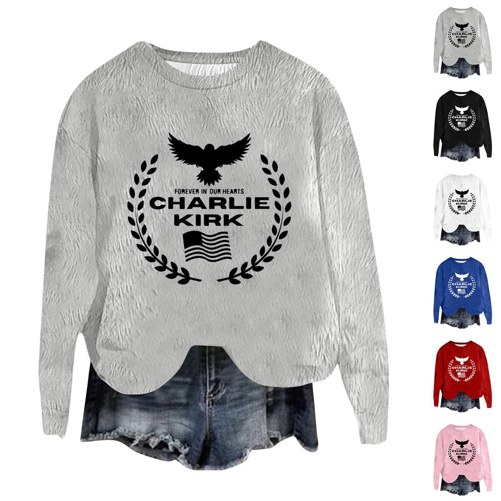 Women's Fashion Round Neck Pullover Top Long Sleeve Tee Printed Sweatshirt