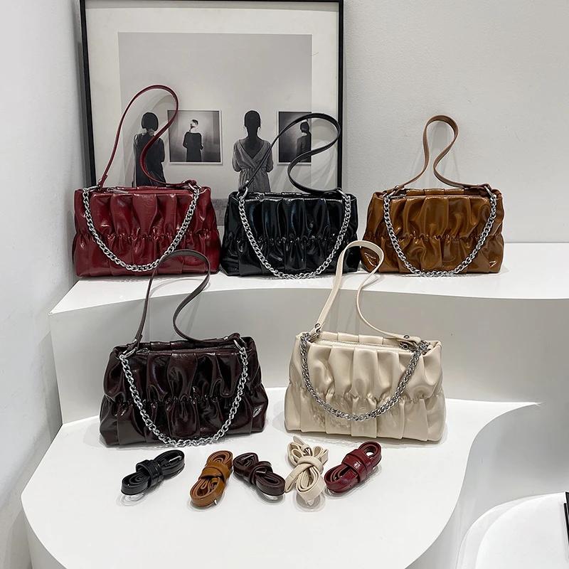 Женская сумка через плечо из ПУ, однотонная, плиссированная, с цепочной строчкой на молнии, универсальные сумки через плечо