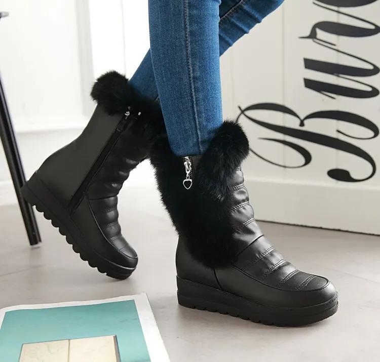 Мода 2025 Новые женские ботильоны из кроличьего меха на танкетке, на платформе, водонепроницаемые зимние сапоги, толстые плюшевые теплые зимние женские ботильоны, женская обувь