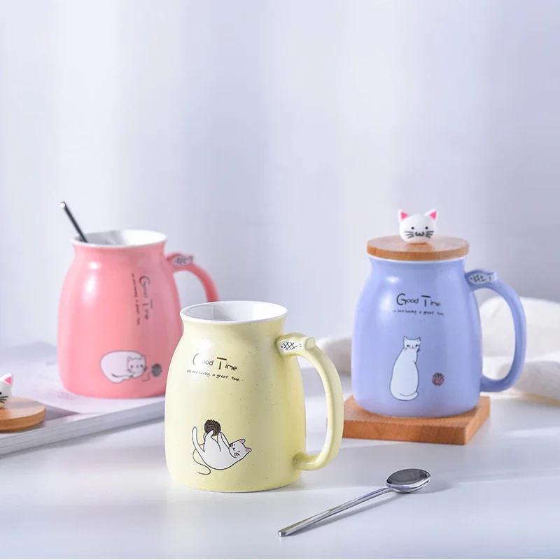 Coffee Mug With Lid Cat Style Ceramic Coffee Cup with Spoon Cute Kawaii Large Capacity Milk Tea Mug with Handle Birthday Gift