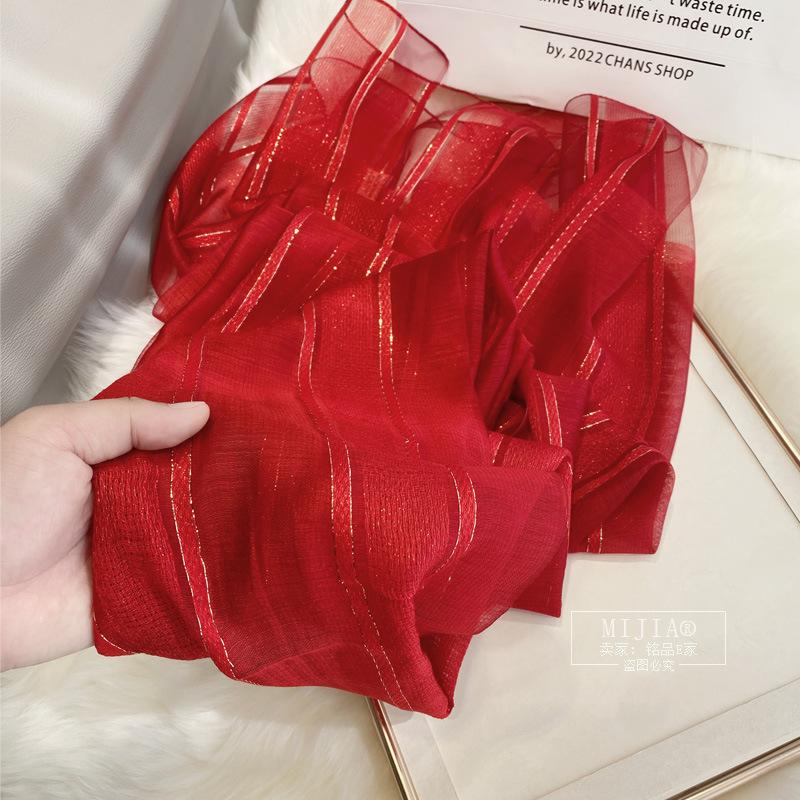 New Silk Mulberry Silk Wool Scarf, Thin Autumn and Winter Fashion Scarf with Gold Thread Stripes, Foreign Silk Scarf