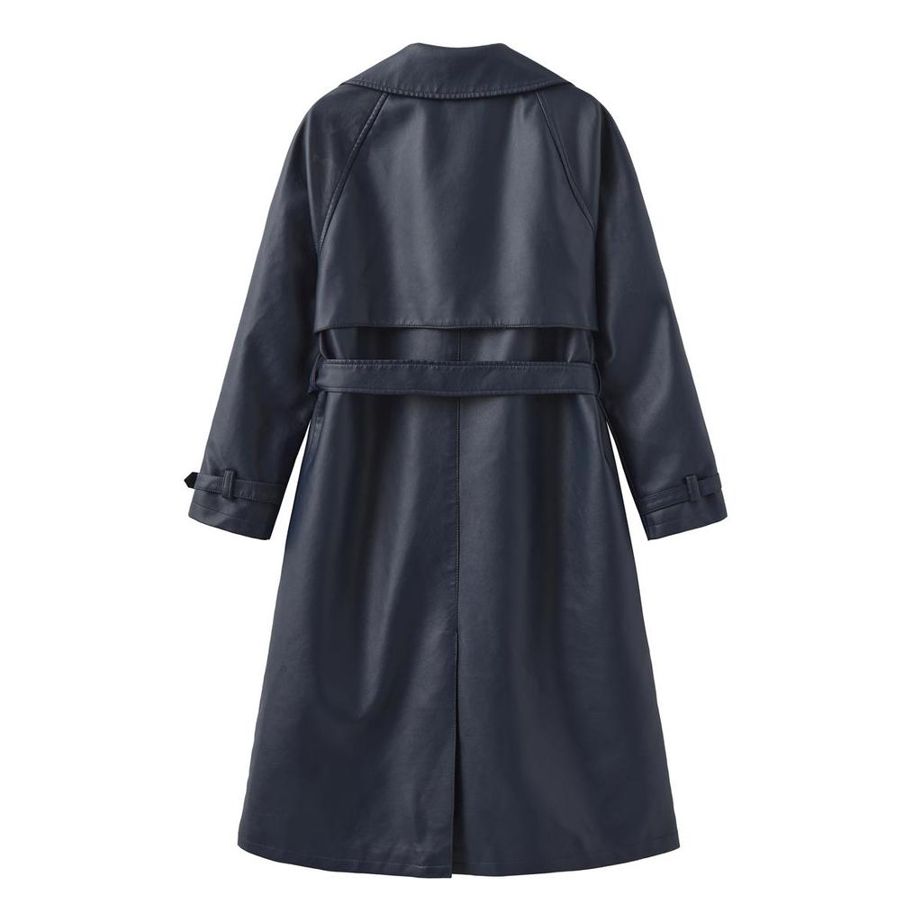 Women’s Coats Faux Leather Lapel Windbreaker PU Loose Three Row Button Trench Coat Classic Overcoat with Belt Autumn Winter Outer Wear