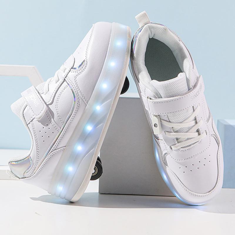 Детская спортивная обувь с подсветкой, натирающая обувь, однотонная волшебная нашивка с зарядкой, двухрядная четырехколесная скользящая обувь